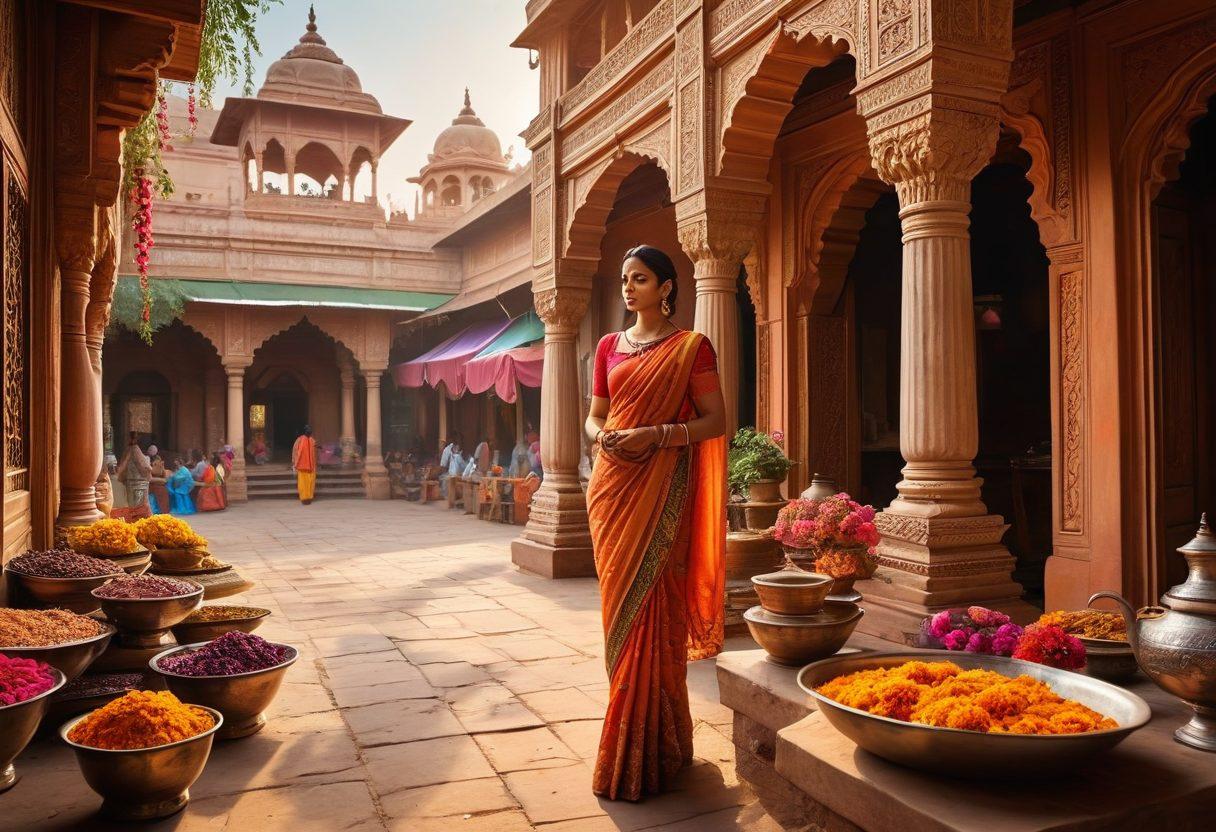A serene landscape showcasing the vibrant streets of India, adorned with colorful markets, blossoming flowers, and traditional handicrafts. In the foreground, a graceful figure dressed in a beautiful saree enjoys a cup of chai, with intricate patterns reflecting the fusion of culture and lifestyle. The background features stunning architectural elements, merging modernity with tradition. Soft sunlight bathes the scene in a warm glow. super-realistic. vibrant colors. 3D.