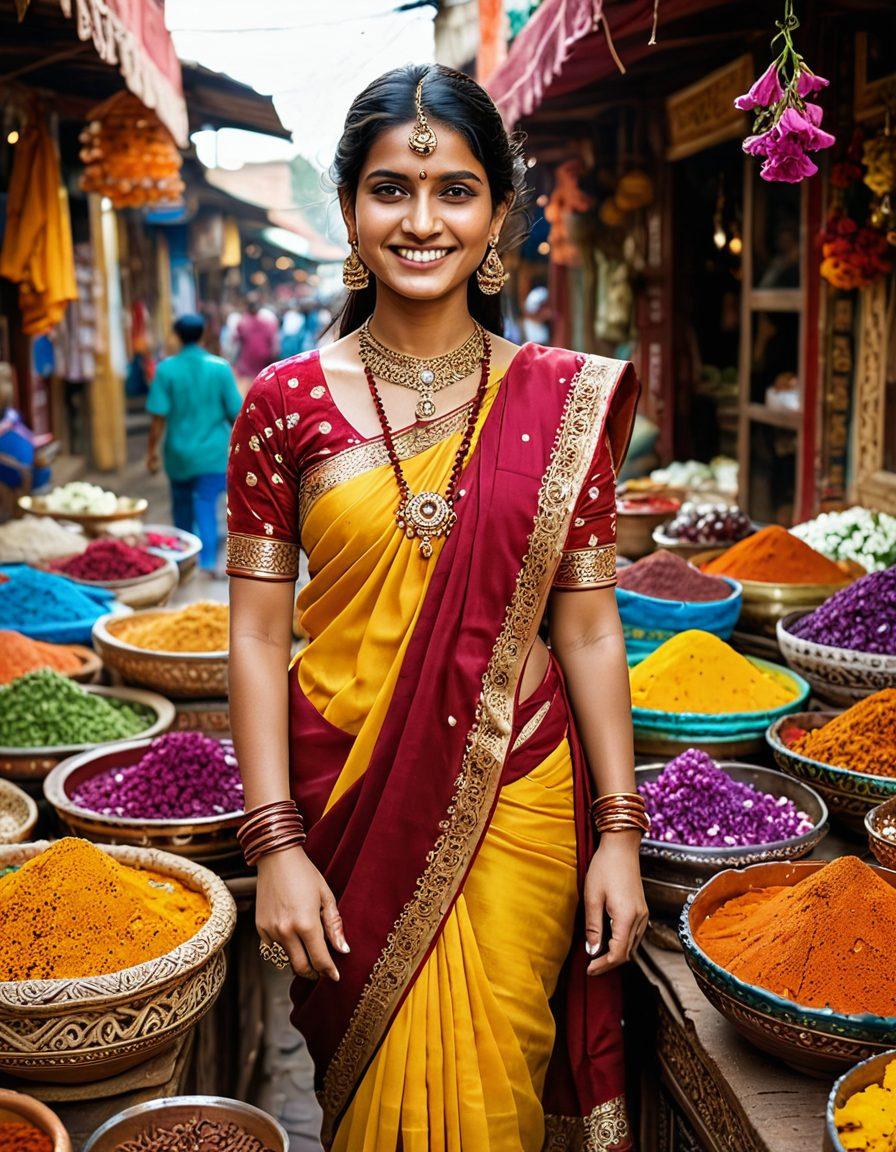 A lively scene capturing the essence of vibrant Indian beauty, featuring a woman adorned in a colorful saree amidst a bustling market filled with flowers, spices, and handcrafted goods. Include intricate traditional jewelry, henna patterns on her hands, and a radiant smile that embodies joy and warmth. Brightly colored textiles and rich patterns should create an inviting atmosphere, reflecting a cheerful Indian celebration. painting. vibrant colors. high detail.