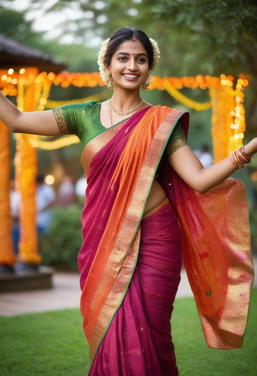 A radiant Indian woman dressed in a colorful traditional saree, twirling joyfully amidst lush greenery, with flowers in her hair. The background features a vibrant Indian festival scene, adorned with colorful lights and decorations. Her expression exudes happiness and pride, capturing the essence of femininity and cultural richness. soft focus, dynamic motion. vibrant colors. super-realistic.